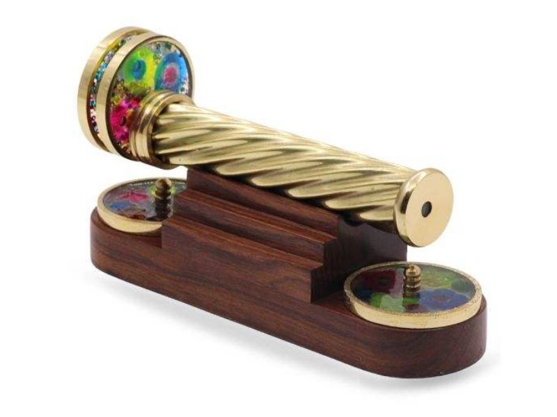 Brass Kaleidoscope with Detachable Pattern Wheels on Wooden Stand Handmade Vintage Optical Toy Unique Creative Gift