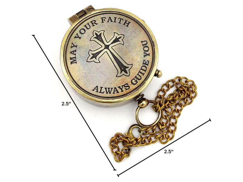 Brass Compass with Cross & “May Your Faith Always Guide You” Engraved | Christian Keepsake Compass with Display Stand | Baptism, Confirmation, Missionary & Birthday Gift for Men & Women