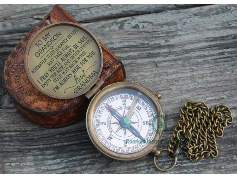 To My Grandson Compass – Solid Brass Engraved Compass with Chain & Leather Case | Inspirational Quote Gift from Grandma | Graduation, Birthday, Christmas Keepsake Gift