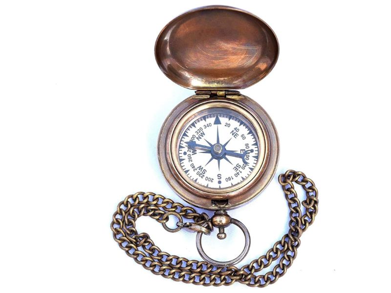 Handmade Nautical Brass Push Button Compass with Chain & Leather Case – Vintage Pocket Compass for Men Women, Maritime Navigation Compass Gift for Traveler, Hiker, Sailor, Anniversary Gift
