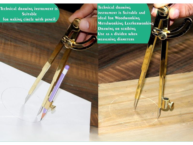 8” Brass Pencil Marking Compass with Wooden Box | Wing Divider Scriber for Wood & Metal | Precision Circle Drawing & Map Plotting Tool | Leather Scratch Compass for Drafting & Geometry Work
