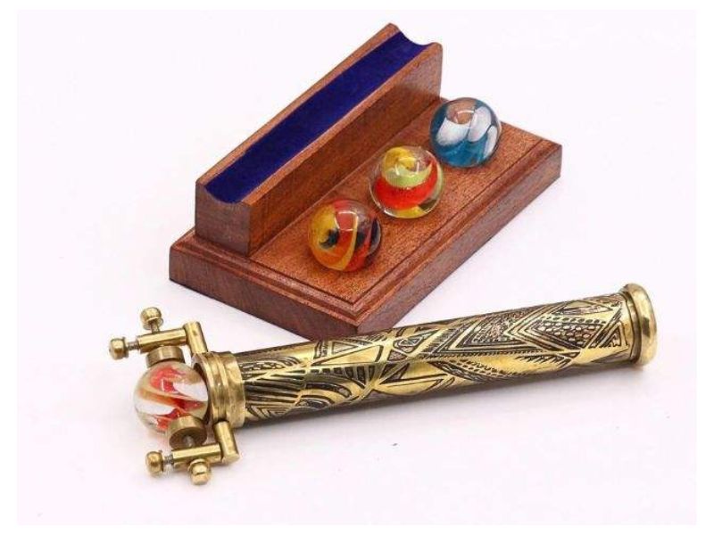 New Vintage Brass Kaleidoscope Toy with Interchangeable Marble Scope Solid Brass Barrel & Wooden Display Etched Brass Design