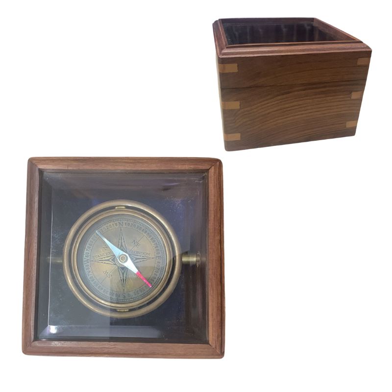 Gimbled Brass Compass with Glass Top Sheesham Wooden Box