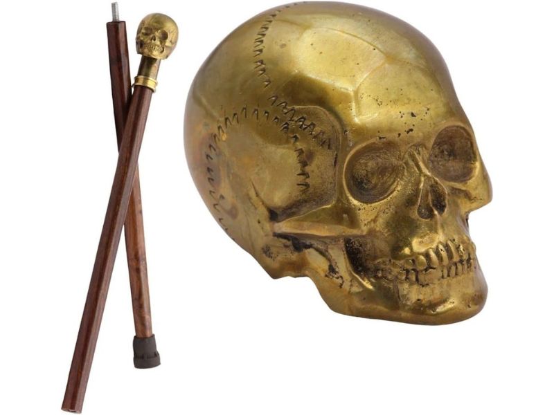 Brass Skull Walking Cane for Men – Heavy Old Brass Cast Skull Handle Walking Stick – Gothic Steampunk Decorative Cane – Solid Hardwood Shaft – Collectible Prop, Costume & Gift