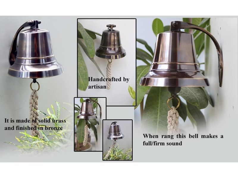 Solid Brass Wall Mounted Ship Bell, Bronze Finish Marine Hanging Bell for Dinner, Indoor &amp; Outdoor Use, School, Bar, Reception, Restaurant, Nautical Decor by Roorkee Instruments India