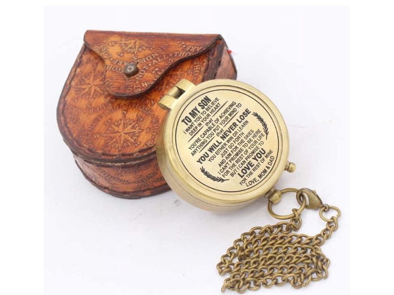 To My Son Brass Compass with Leather Case | Engraved Inspirational Quote Compass Gift from Mom & Dad | Vintage Nautical Compass for Graduation, Birthday, Christmas, or Travel Keepsake