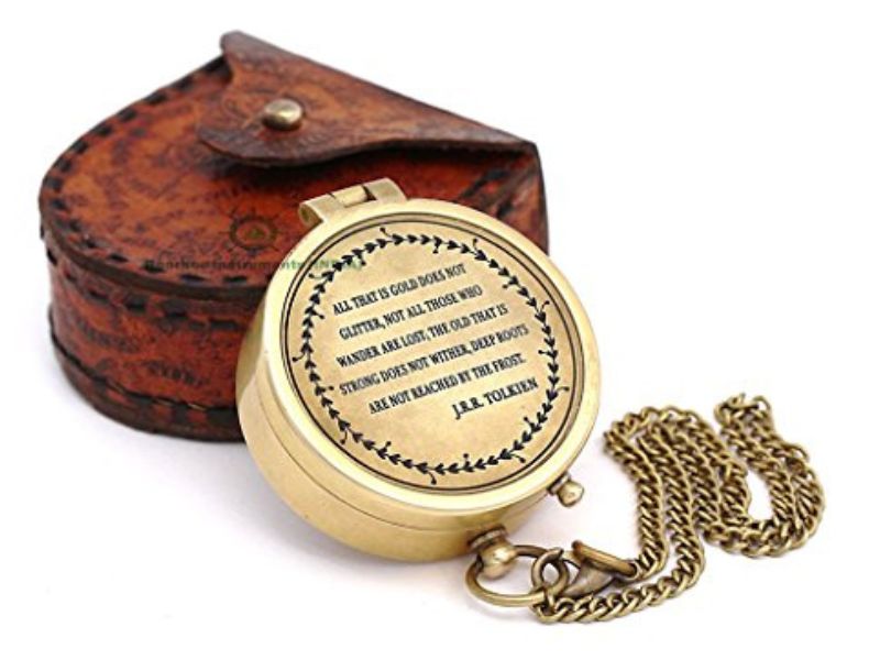 J.R.R. Tolkien “Not All Those Who Wander Are Lost” Brass Compass with Leather Case, Vintage Nautical Sundial Compass, Inspirational Quote Gifts for Men, Graduation, Adventure, Travel Keepsake