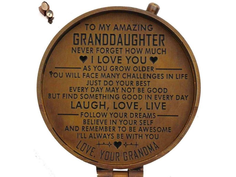 To My Granddaughter Brass Compass – Inspirational Engraved Compass with Leather Case, Vintage Nautical Gift, Graduation, Birthday, or Christmas Keepsake from Grandma