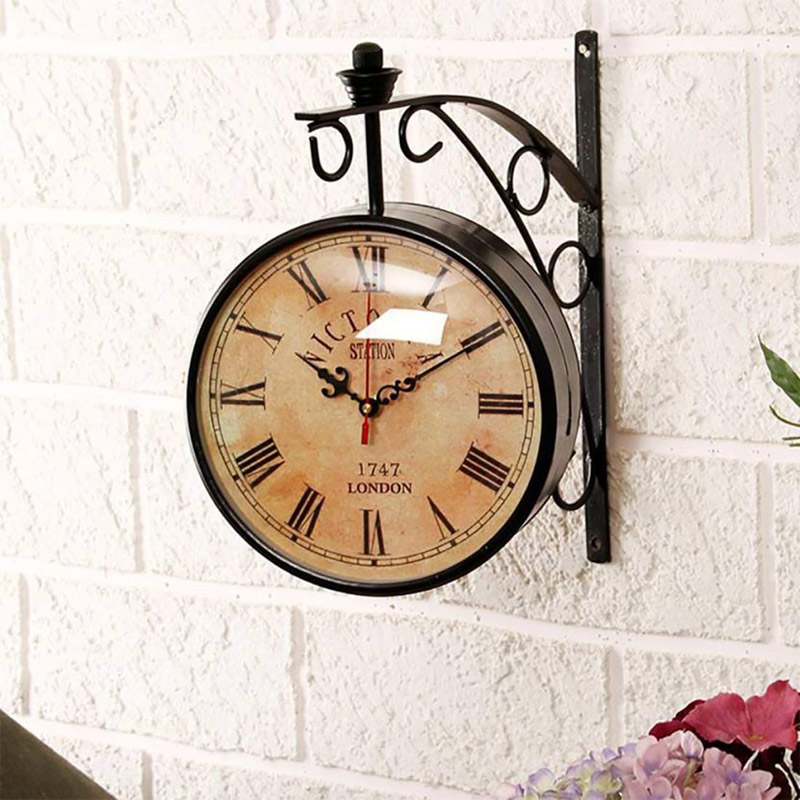 Gift 12-Inch Dial Vintage Antique Black Station Double Side Wall Clock 