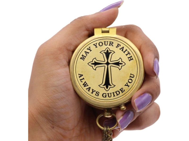May Your Faith Always Guide You Engraved Brass Compass with Leather Box | Christian Gift for Men, Boys, Baptism, Confirmation, First Communion, Religious Inspirational Gift