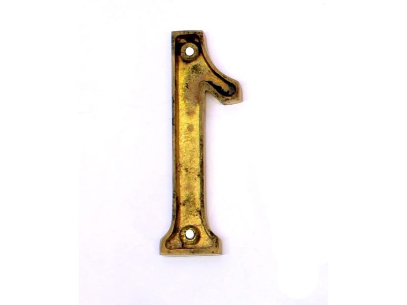 4" Solid Brass House Hotel Door Number Plaque – Numerical Digit (1 One) | Vintage Polished Gold Finish | Easy Wall Mount Sign