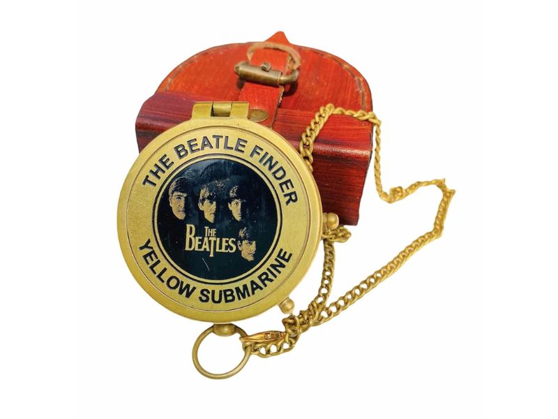 Vintage Brass “The Beatle Finder” Compass | Yellow Submarine Inspired Beatles Memorabilia | Handmade Nautical Pocket Compass with Chain & Wooden Box | Music Lovers Gift, Beatles Collectible