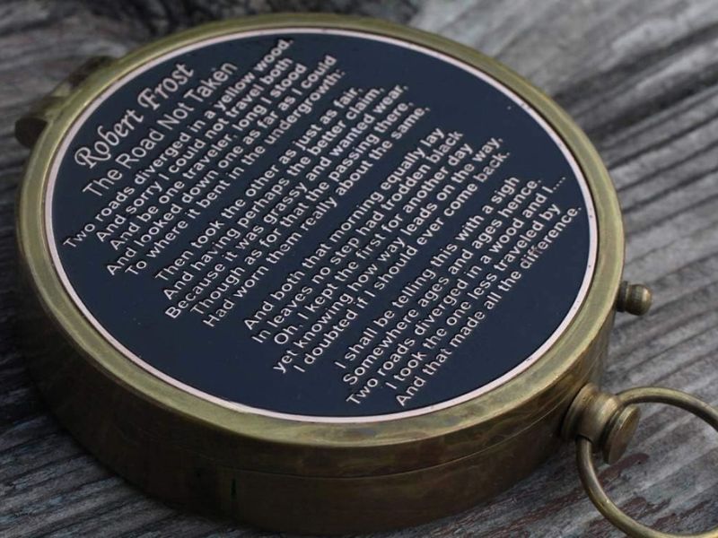 Robert Frost “The Road Not Taken” Brass Compass with Leather Case, Inspirational Poem Engraved Gift, Graduation Gift for Men, Women, Son, Husband, Traveler, Motivational Keepsake Compass