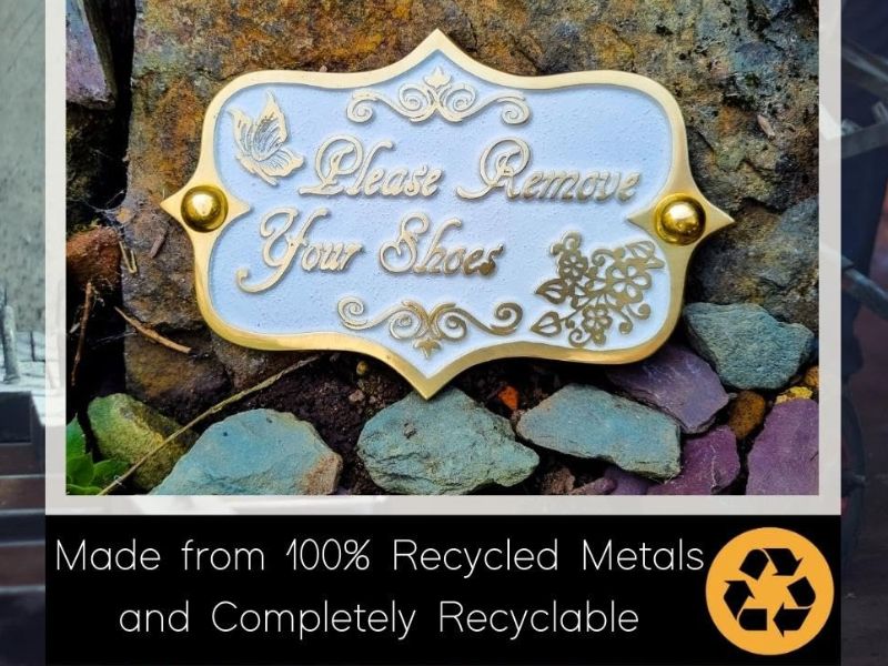 Please Remove Your Shoes Brass Door Sign – Vintage Shabby Chic Wall Plaque – Handmade Solid Brass Home Décor by The Metal Foundry