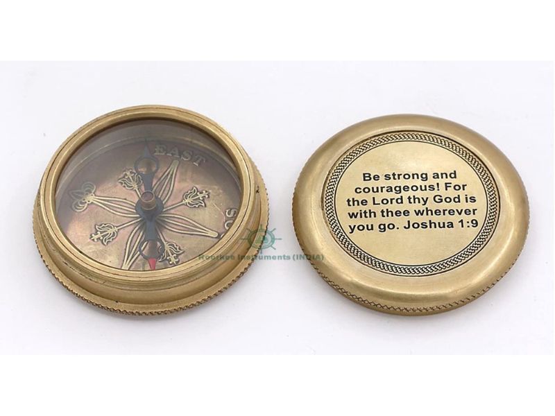 “Be Strong and Courageous” Engraved Brass Compass with Leather Case – Christian Gift of Faith & Guidance (Joshua 1:9)