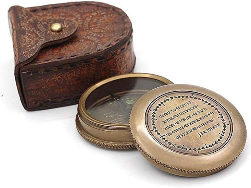 Solid Brass Compass with Leather Case – Engraved Tolkien Quote “Not All Those Who Wander Are Lost” – Vintage Adventure Compass Gift for Travelers, Readers, Graduates & Retirement
