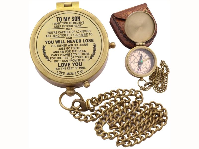 To My Son Compass – Engraved Brass Compass with Chain & Leather Case – Inspirational Quote Gift from Mom & Dad – Vintage Navigation Compass for Graduation, Birthday, Christmas, Keepsake