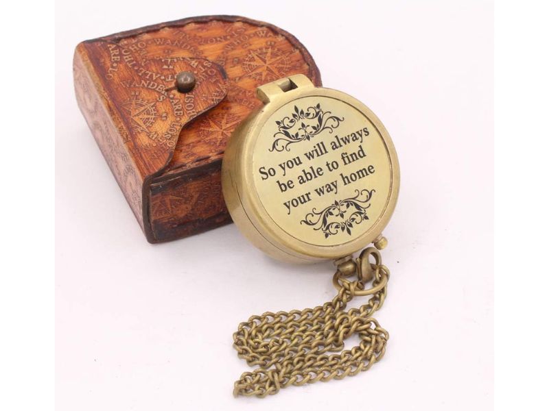 Engraved Brass Pocket Compass with Leather Case – “So You Will Always Be Able to Find Your Way Home” – Vintage Nautical Compass Gift for Son, Husband, Graduation, Anniversary