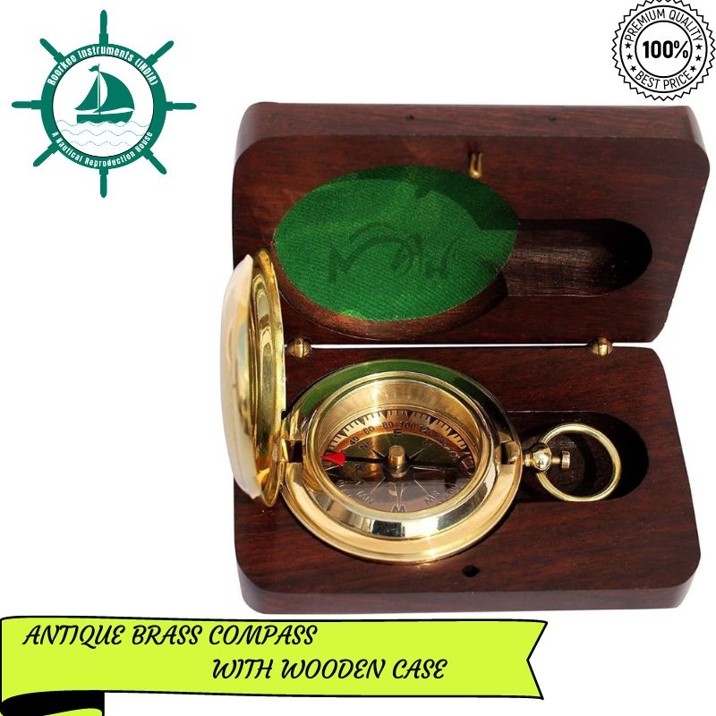 Handmade Push Button Direction Pocket Brass Compass with Wooden Box for Birthday Gift, Baptism Gift, Best Man Gift