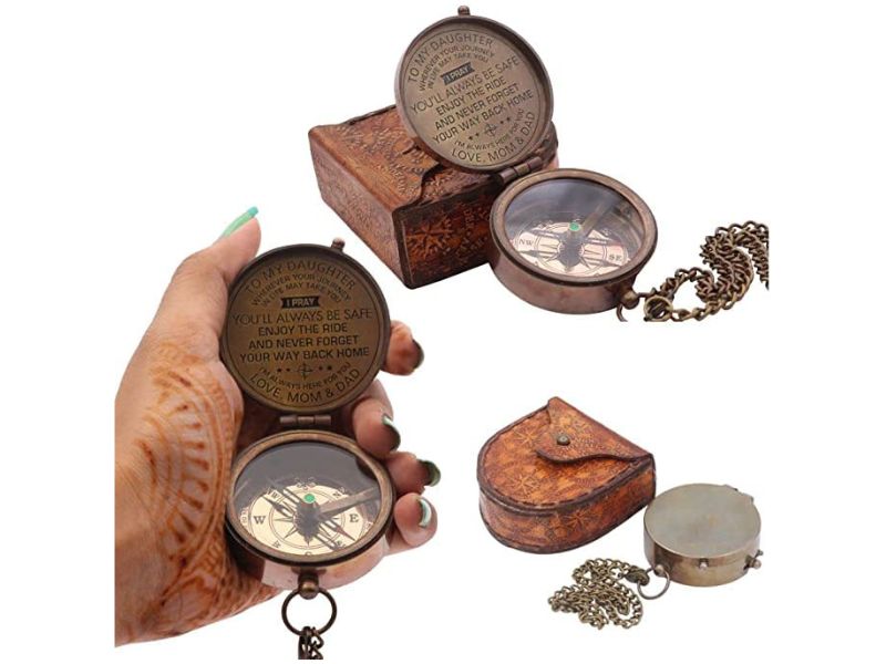Engraved Brass Compass “To My Daughter” | Vintage Nautical Compass with Leather Case | Inspirational Gift from Mom & Dad | Graduation, Birthday, Baptism Keepsake