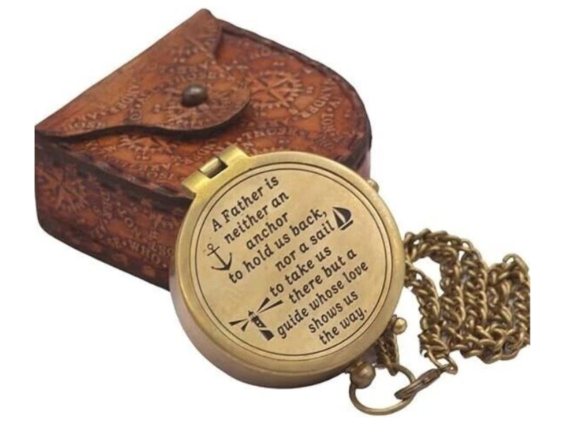 Engraved Brass Compass with Quote – “A Father is Neither an Anchor…” – Handmade Vintage Compass with Chain & Leather Case – Perfect Gift for Dad, Father’s Day, Birthday, or Retirement