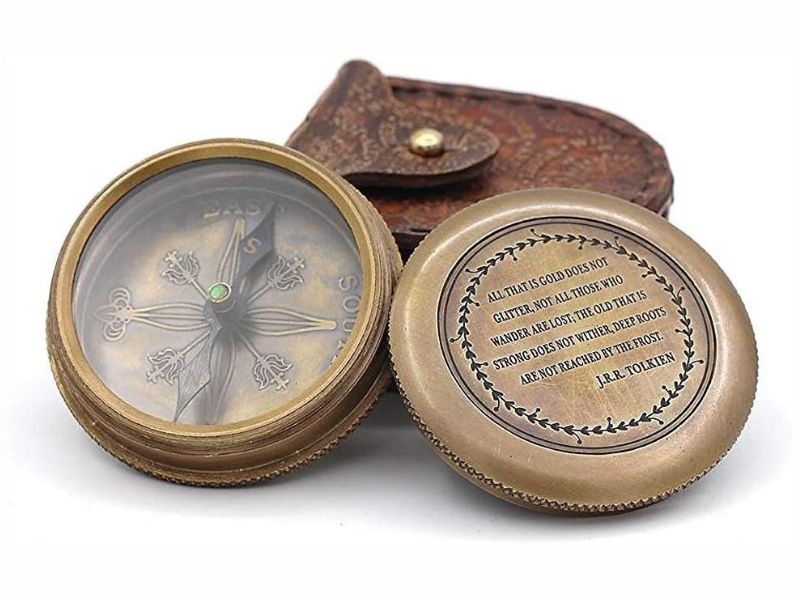 Solid Brass Compass with Leather Case – Engraved Tolkien Quote “Not All Those Who Wander Are Lost” – Vintage Adventure Compass Gift for Travelers, Readers, Graduates & Retirement