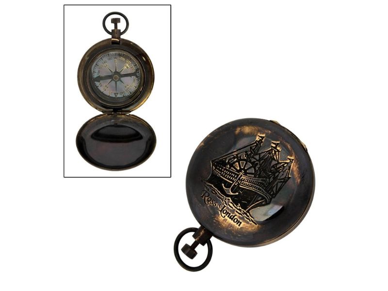 Antique Brass Pocket Compass with Ship Engraving – Ross London Vintage Nautical Compass, Collectible Maritime Navigation Gift for Sailors, Travelers, and Explorers