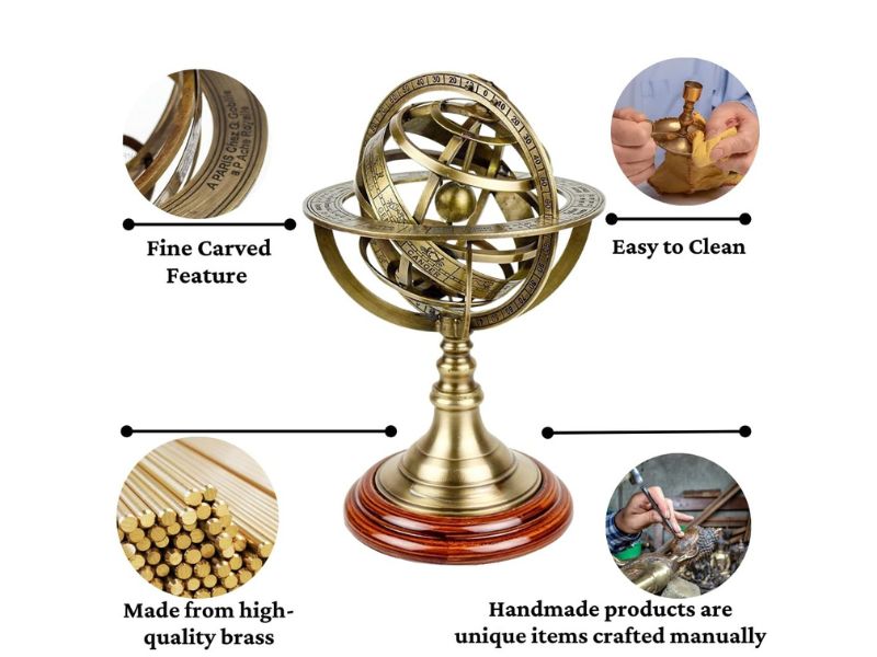 Antique Brass Armillary Sphere Globe 11 Inch | Premium Polished Finish, Wooden Base | Vintage Nautical Celestial Globe Decor | Tarnish Resistant Astronomical Model | Ideal Gift for Home Office Study