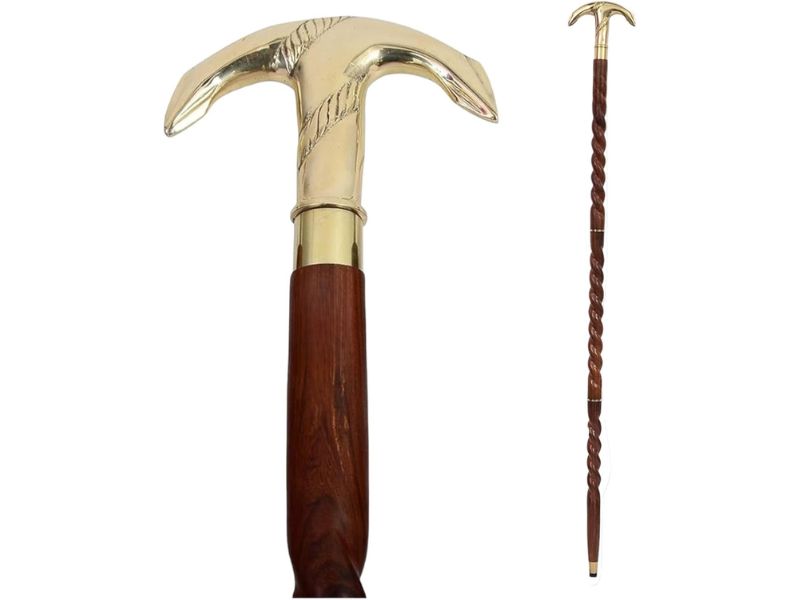 Vintage Brass Anchor Handle Walking Cane – Handcrafted Wooden Spiral Shaft Stick – Antique Nautical Style Cane for Men & Women – Decorative Collectible Gift for Sailors, Gentlemen, and Seniors