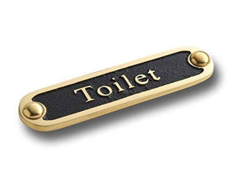 Toilet Brass Bathroom Door Sign – Traditional Style Solid Brass Plaque | Handmade Vintage Home Décor Wall Sign | Polished Gold & Black Finish | Classic Toilet Door Plate with Mounting Screws