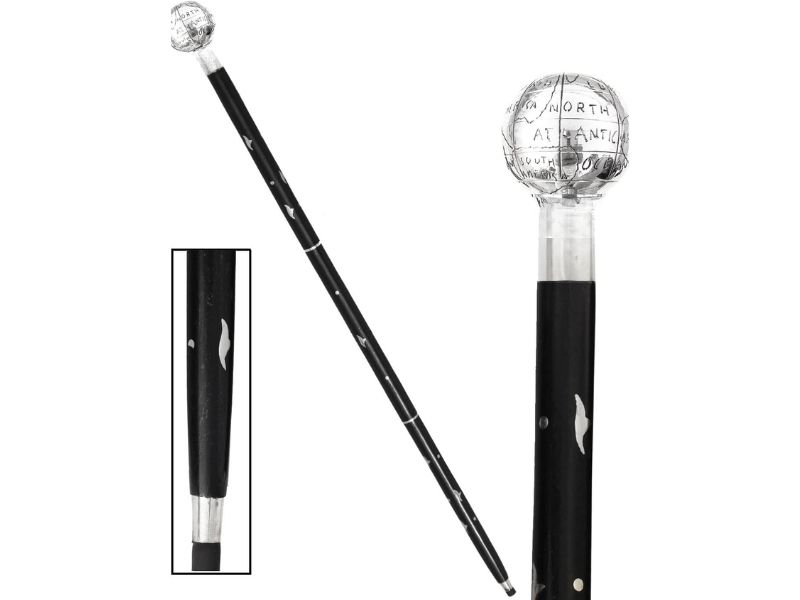 Brass Nickel Globe Walking Stick Cane – Vintage World Map Handle – Handmade Wooden Shaft, 37 Inch Collectible Gift for Men & Women