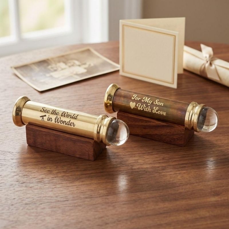 Personalized Mini Kaleidoscope Necklace – Custom Engraved Brass Pendant with Crystal Lens, Leather Cord &amp; Wooden Stand