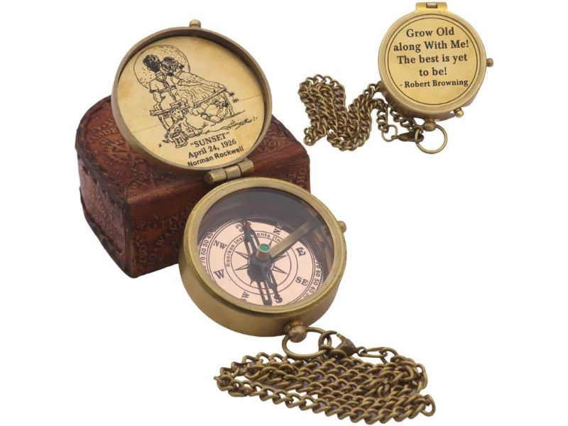 Grow Old Along With Me Brass Compass – Norman Rockwell “Sunset” Design – Romantic Vintage Compass with Chain & Wooden Box – Anniversary, Wedding, or Valentine’s Gift for Husband, Wife, Couples