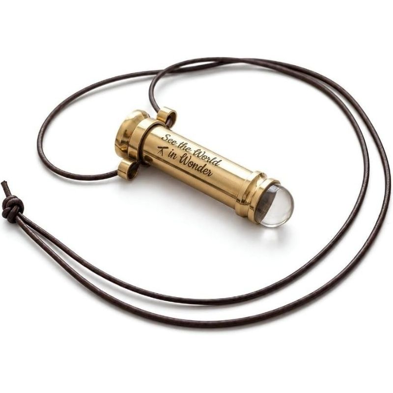 Personalized Mini Kaleidoscope Necklace – Custom Engraved Brass Pendant with Crystal Lens, Leather Cord &amp; Wooden Stand