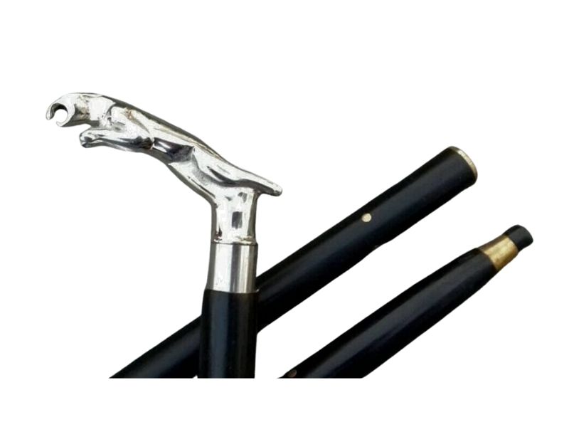 Jaguar Head Handle Walking Stick – Vintage Brass Chrome Panther Cane – 3 Fold Wooden Walking Cane for Men & Women – Collectible Decorative Walking Stick Gift for Father, Grandfather, Gentleman