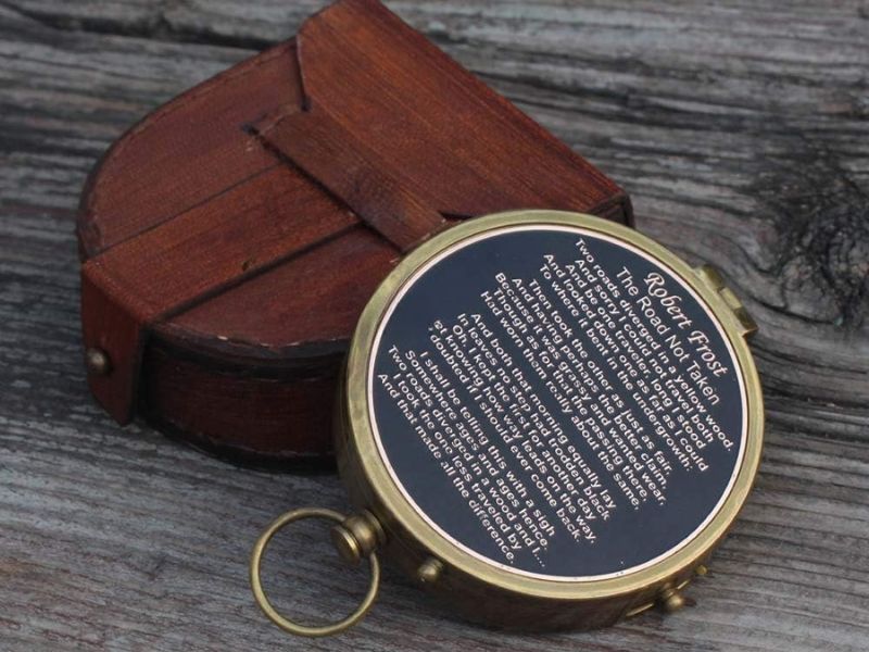 Robert Frost “The Road Not Taken” Brass Compass with Leather Case, Inspirational Poem Engraved Gift, Graduation Gift for Men, Women, Son, Husband, Traveler, Motivational Keepsake Compass