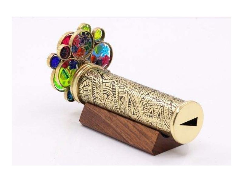 Handcrafted Brass Kaleidoscope for Adults & Kids with Floral Etched Tube, Dual Turning Wheels, Wooden Stand Decorative Gift