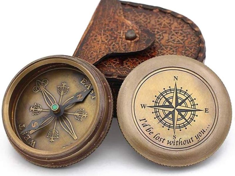 I’d Be Lost Without You” Engraved Brass Compass with Leather Case – Handmade Vintage Nautical Compass, Gift for Boyfriend, Husband, Anniversary, Valentine, Christmas, Graduation Keepsake