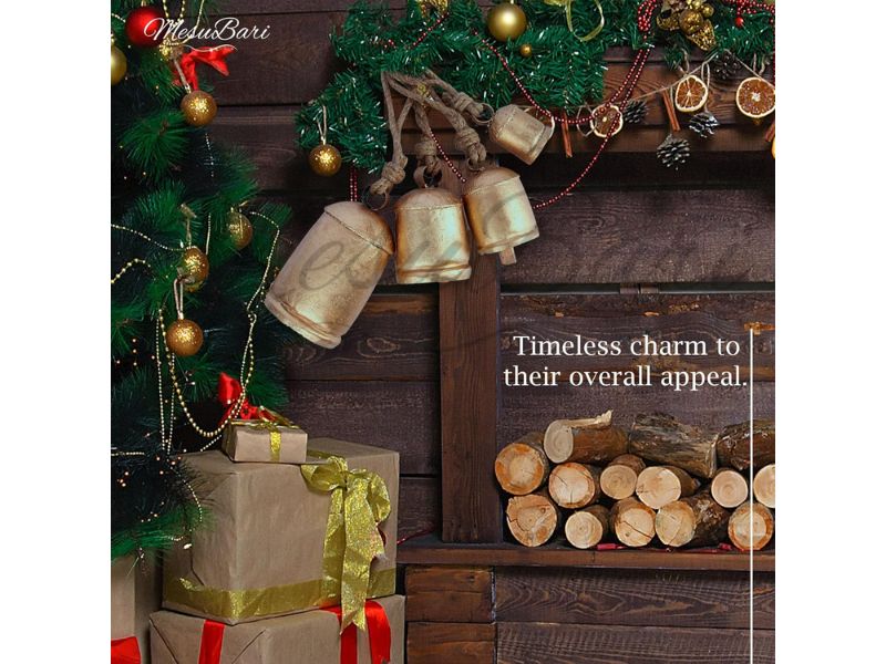 Rustic Lucky Cow Bells Set of 4 Handmade Vintage Wind Chime Gold Brass Hanging Bells with Rope for Outdoor Christmas, Farmhouse, Garden Decor, Home Decor