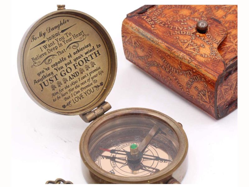 To My Daughter Brass Compass – Engraved Inspirational Quote “Just Go Forth” – Handcrafted Vintage Compass with Leather Case – Graduation, Birthday, Christmas, Keepsake Gift from Dad or Mom