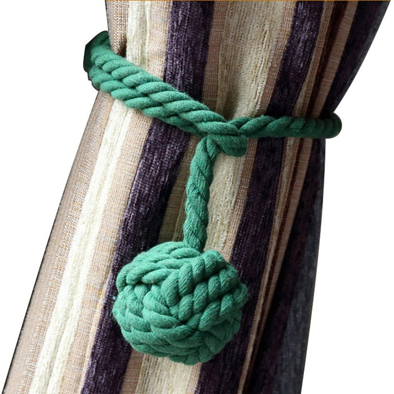 2pcs Braided Drapery Tiebacks Curtain Holdbacks Hand Knitting with Single Ball Cotton Rope Tassel - Green