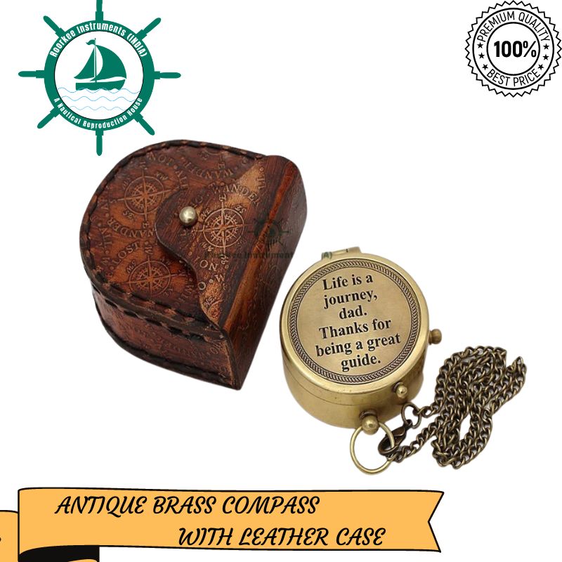Antique Nautical Vintage Directional Magnetic Compass with Famous Scripture Quote Engraved Baptism Gifts with Leather Case or Wooden Case for Loved Ones, Son, Father, Love, Partner, Spouse, Fiancé.