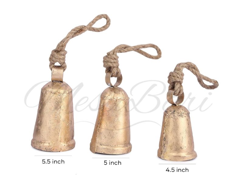 Handmade Set of 3 Vintage Brass Cone Cow Bells with Rope – Rustic Wind Chime & Door Chime, Nautical Theme Home Décor Bell for Garden, Patio, Wedding, Festival & Outdoor Decoration