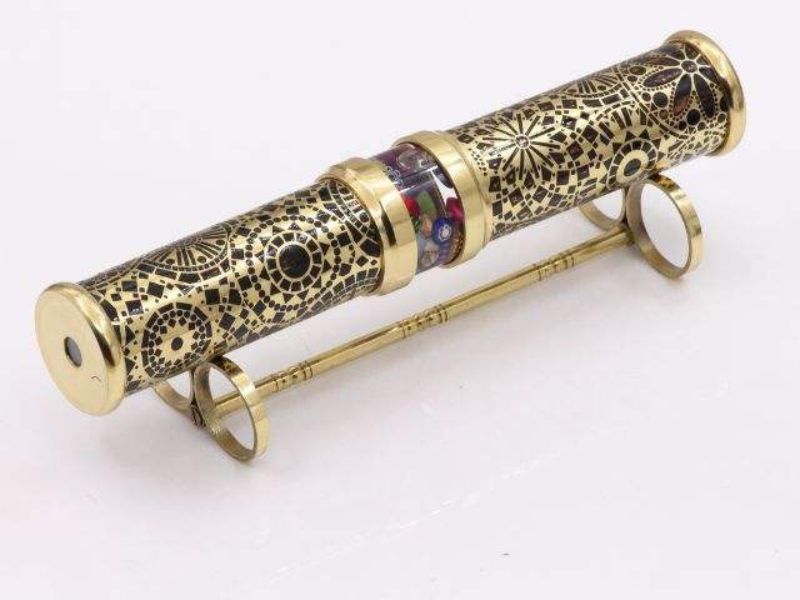 Dual Side Handmade Brass Wedding Kaleidoscope with Intricate Etched Design, Colorful Glass Bead Chamber Decorative Display Stand