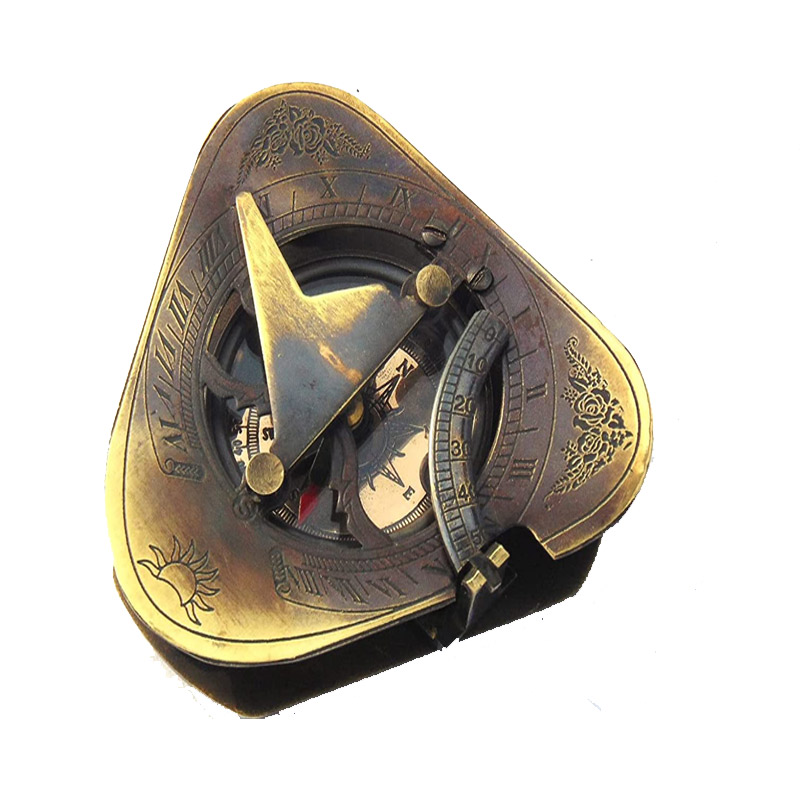Antique Brass Triangular Sundial Compass 2.5 Inch Nautical Compass for Hiking Survival Instrument Brass Finish Camping Compass Vintage Navigation Outdoor Directional Compass 