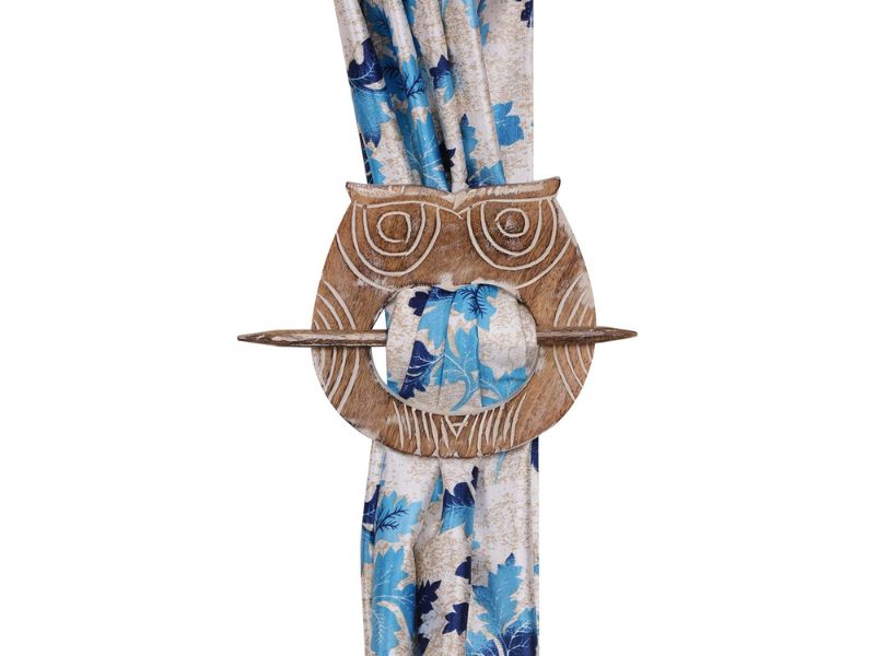 Hand Carved Wooden Owl Curtain Tie Back Holders Set of 2 with Sticks | Rustic Boho Window Drape Tiebacks | Decorative Animal Design Curtain Holdbacks for Living Room, Bedroom, or Office