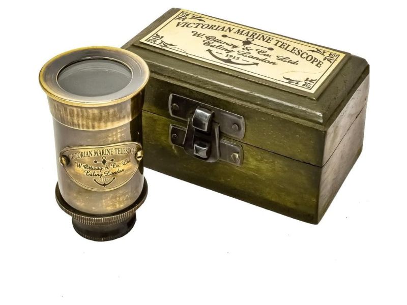 Handcrafted Vintage Brass Spyglass Telescope with Wooden Box – Victorian Marine Style Collapsible Pirate Scope | Nautical Decor, Collectible Gift for Men, Explorer & Maritime Enthusiasts