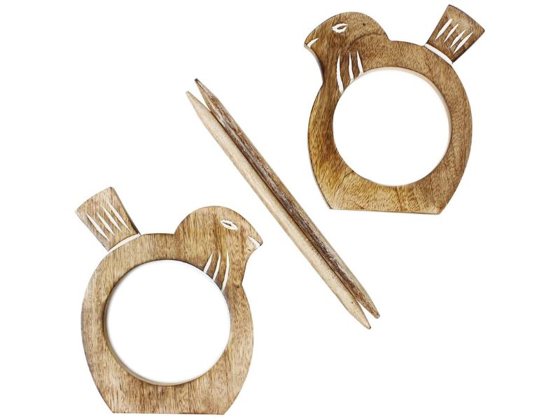 Handmade Wooden Bird Napkin Rings Set of 2 | Rustic Farmhouse Table Décor | Natural Mango Wood Bird-Shaped Napkin Holders for Dining, Wedding, or Holiday Table Settings