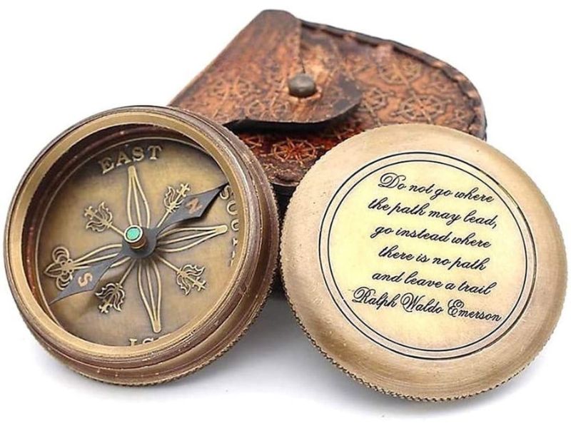 Vintage Brass Engraved Compass with Leather Case – “Do Not Go Where the Path May Lead” Quote by Ralph Waldo Emerson – Working Directional Compass, Graduation & Travel Gift