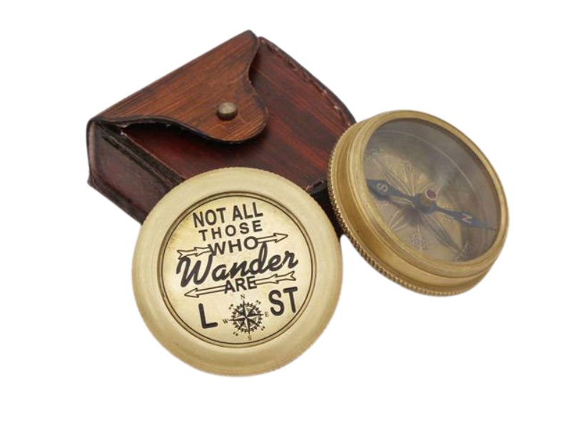 Not All Those Who Wander Are Lost Brass Compass with Leather Case – Engraved Tolkien Quote Pocket Compass – Inspirational Graduation, Baptism, or Confirmation Gift for Him, Adventure Keepsake